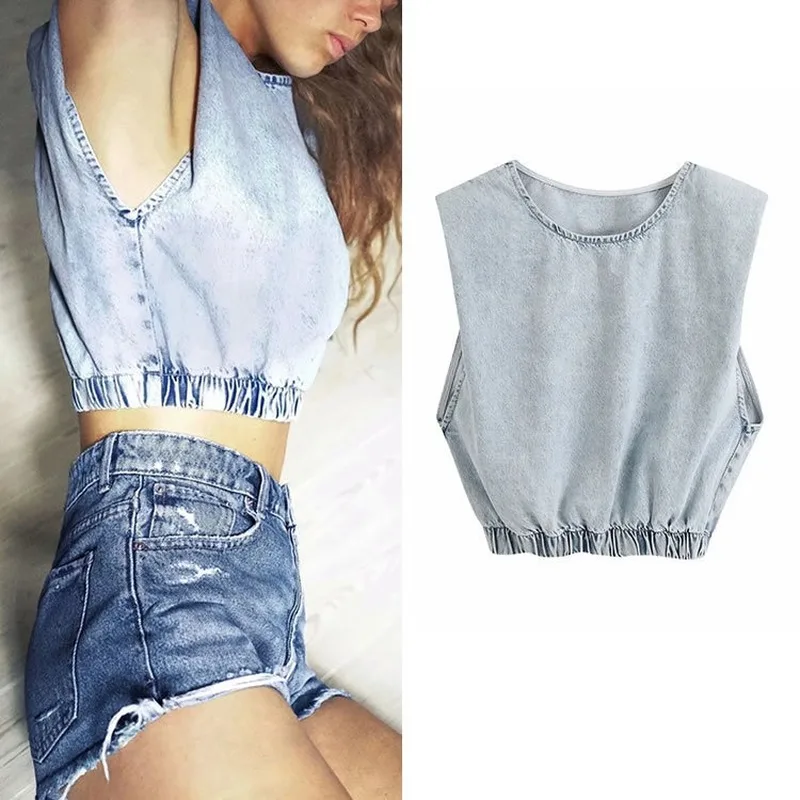 

20201 Summer Women's New Round Collar Sexy Sleeveless Blue Denim Shirts Blouse Female Europe and The United States Y2k Indie