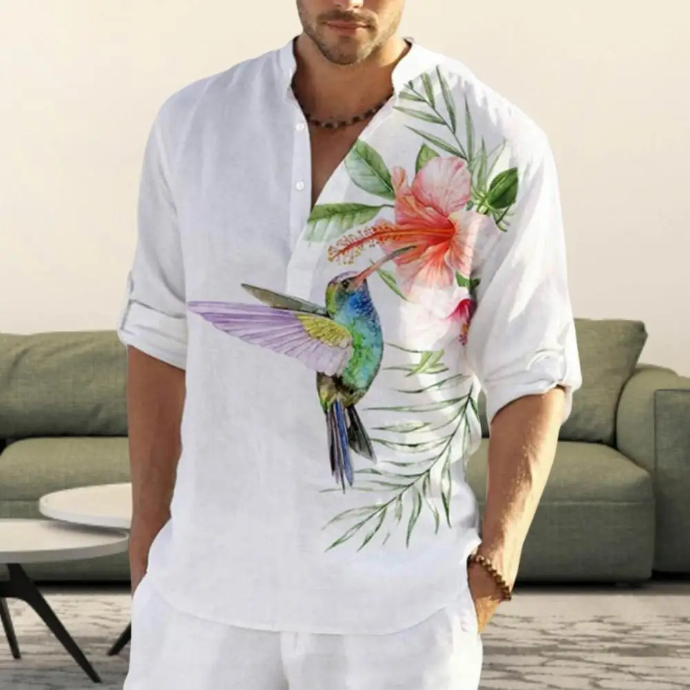 

Chinese Style Stand Collar Men Top Floral Printing Half Sleeve Single-breasted Summer Shirt Breathable Quick Dry Men Shirt
