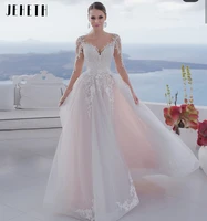 jeheth lace appliques wedding dresses charming illusion button back long sleeves o neck a line tulle floor length bridal gowns