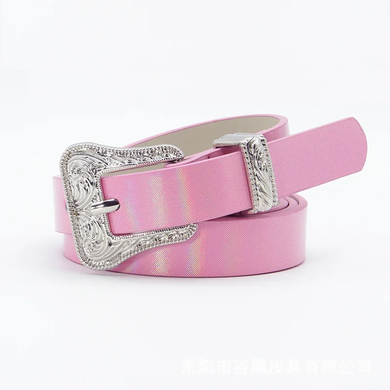 New Fashion Shiny Glitter Pink Silver Women's Thin Belt Personality Pattern Carved Pin Buckle PU Belt Jeans Waistband Girls Gift