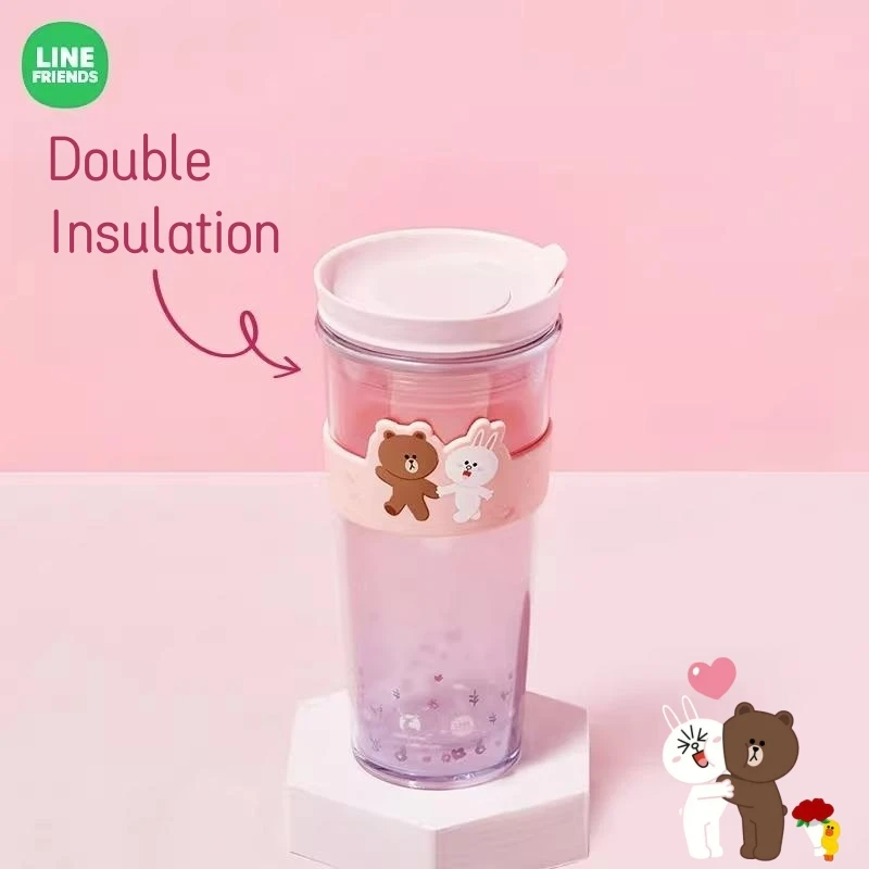 

Line Friends Cherry Blossom Series Walking Tumbler Anime Brown Bear Cony Double Layer Insulated Portable Drinking Cup Cute Gifts