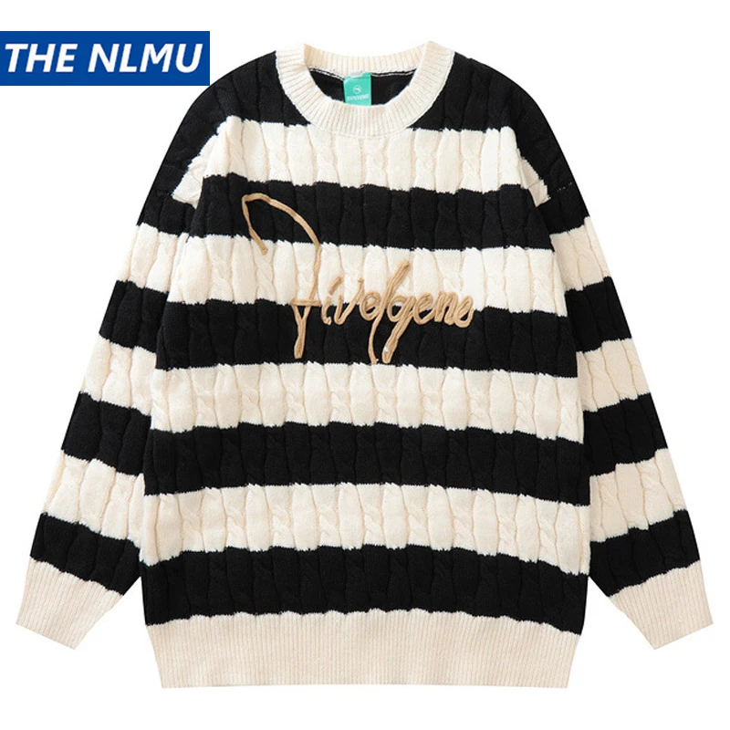 

2022 Winter Hip Hop Striped Sweaters Men Women Loose Knitwears Knitted Pullover Jumper Streetwear Men's Harajuku Tops