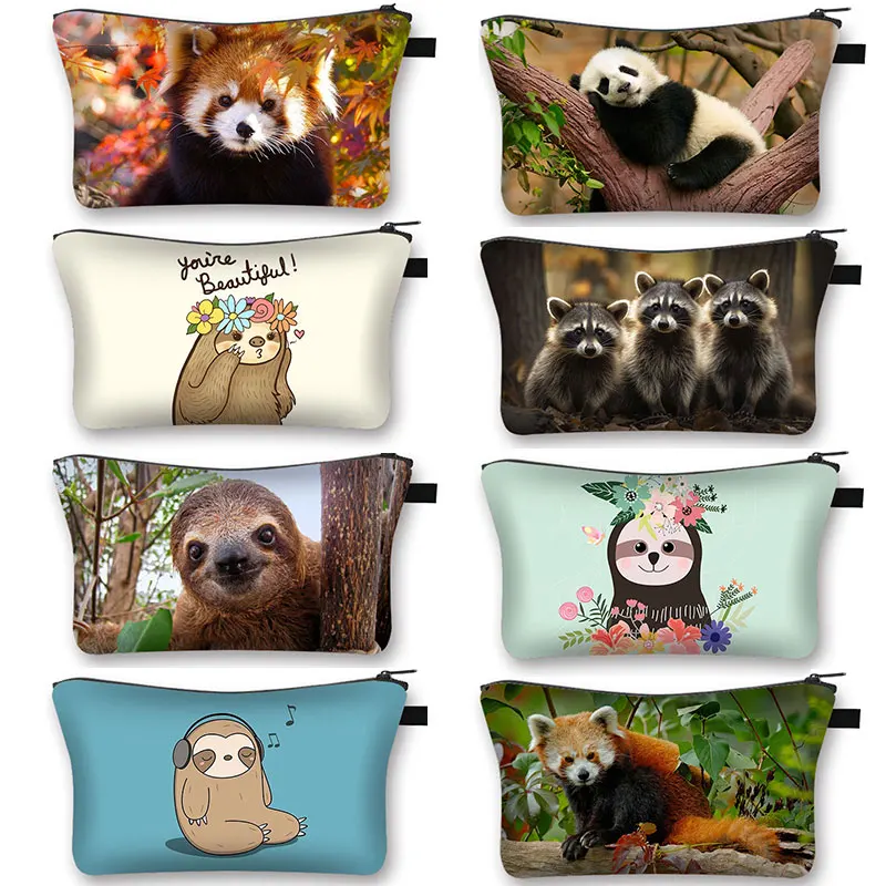 Kawaii Sloth Print Cosmetic Case Women Animal Raccoon Red Panda Makeup Bags Zipper Pouch Toiletry Bag Travel Cosmetic Bags Gift