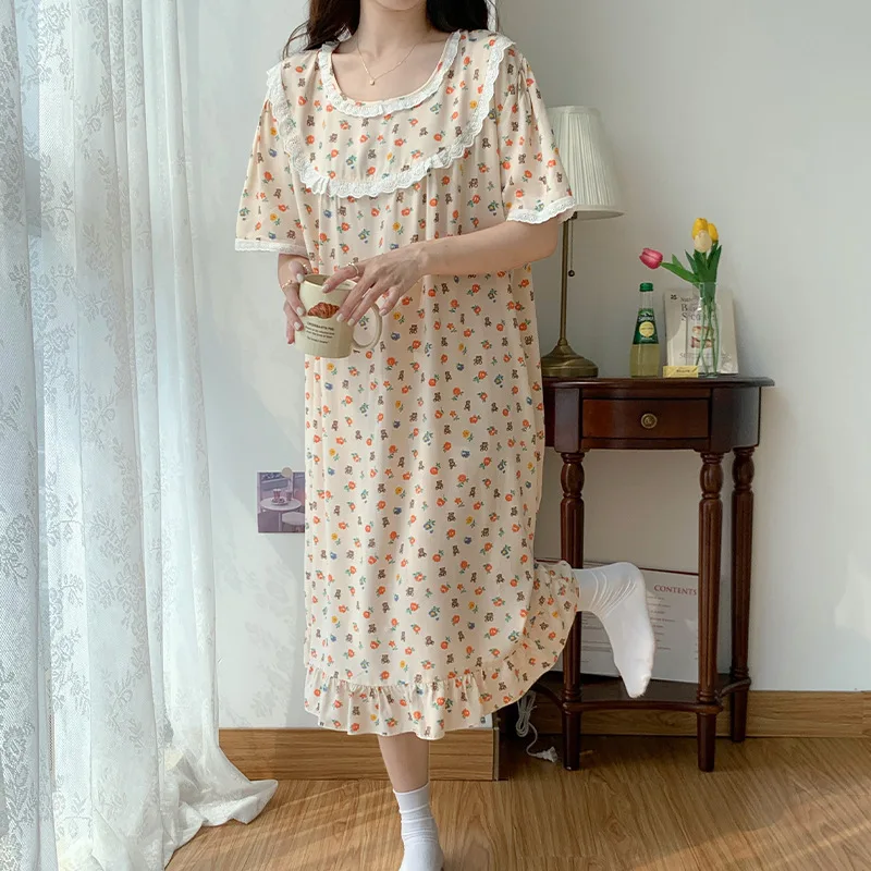 Short Sleeve Nightgown Women Sleepwear Round Neck Homewear Sleep Dress Home Clothing Cotton Loungewear Printing Pajamas