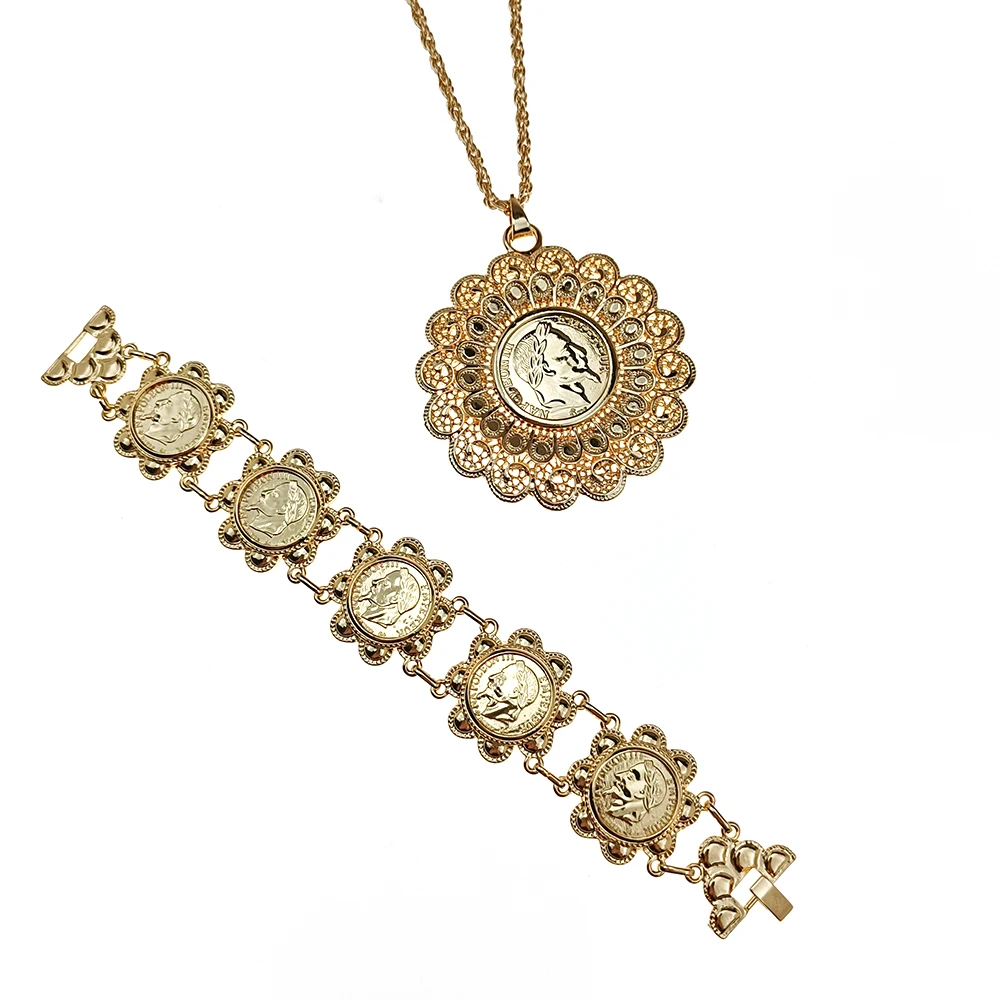 

Algerian Ethnic Wedding Jewelry Set Wholesale Round Flower Shaped Coin Gold Plated Pendant Necklace Arab Bridal Cuff Bracelet