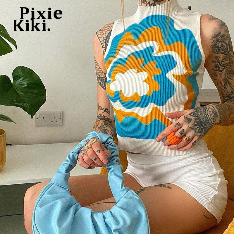 

PixieKiki Irregular Abstract Printed Summer Tank Tops Women Sexy Cute Aesthetic Y2k Rib Knit Crop Tops Streetwear Vest P98-AI11