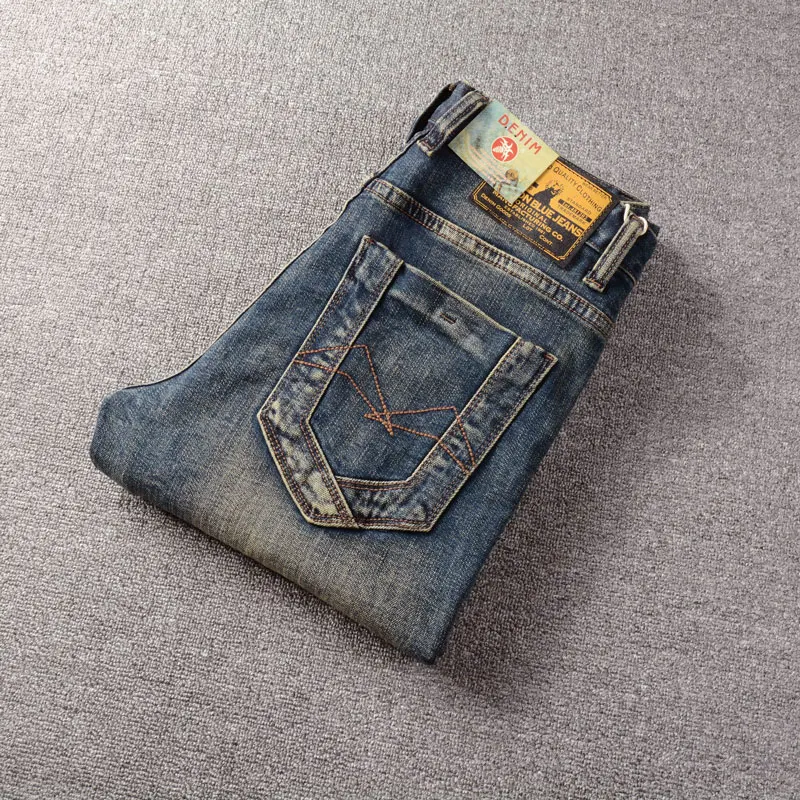 Fashion Vintage Men Jeans Retro Dark Blue Elastic Stretch Slim Ripped Jeans Men Embroidery Patched Designer Denim Pants Hombre