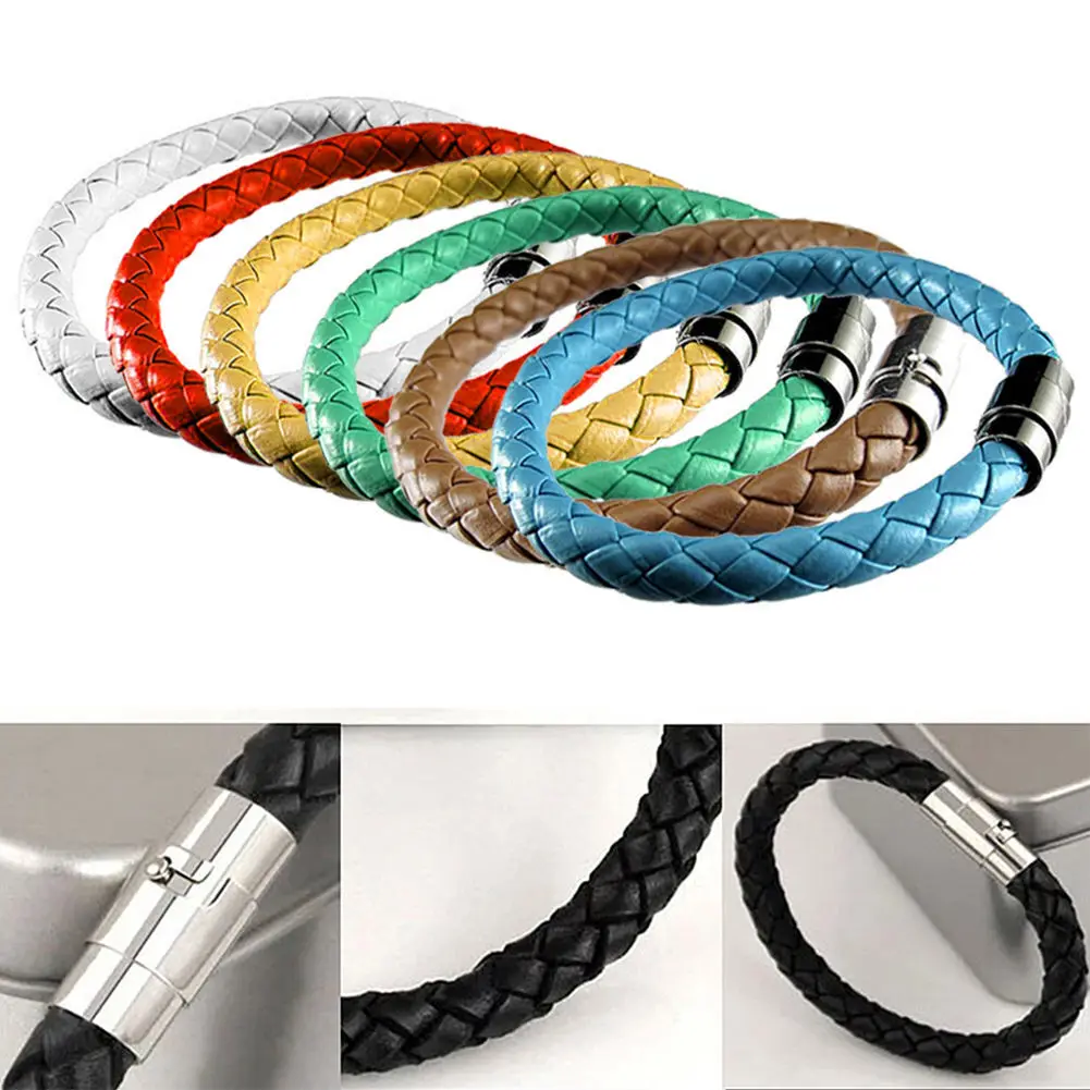 

Unisex Women Men Braided Leather Steel Magnetic Clasp Bracelet Handmade