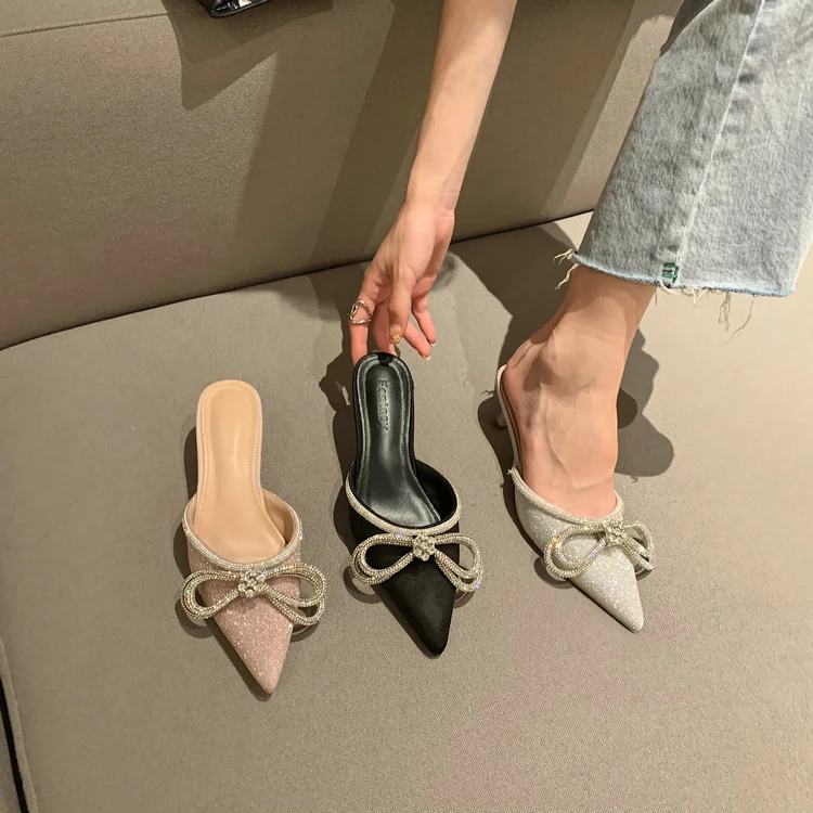 

Summer New Style Fashion Women Shoes Black Satin Bow Crystal Ankle Strappy Pointy Toe Stiletto Stripper High Heels Pumps