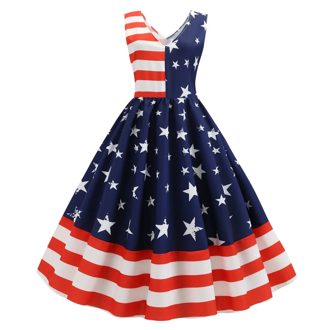 Retro Independence Day women's V-neck sleeveless dress with stripes and stars