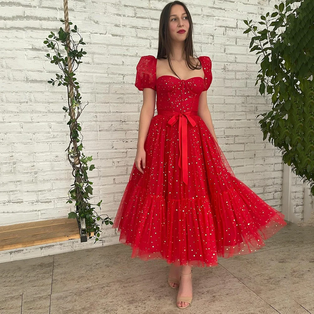 Купи UZN Chic Red A-Line Tea Length Glitter Tulle Prom Dress Square Neck Short Puffy Sleeves Evening Dress Party Dress Robe de bal за 4,913 рублей в магазине AliExpress