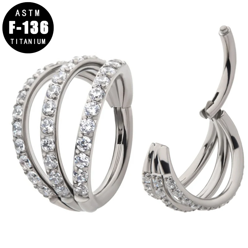 ASTM F136 Titanium Cartilage Earring Nose Ring Triple Layer Paved CZ Hinged Segment Hoop Rings Septum Clicker Tragus Piercing