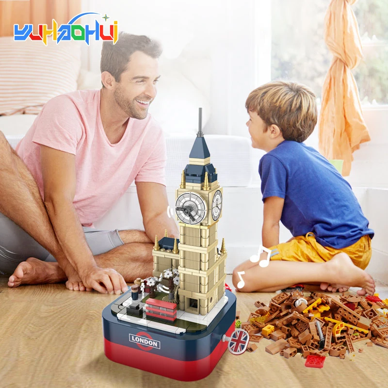 

DIY Small Particle Building Blocks Big Ben Windmill Iron Tower Model Music Box Bricks Educational Kids Toys Decorate Ornament