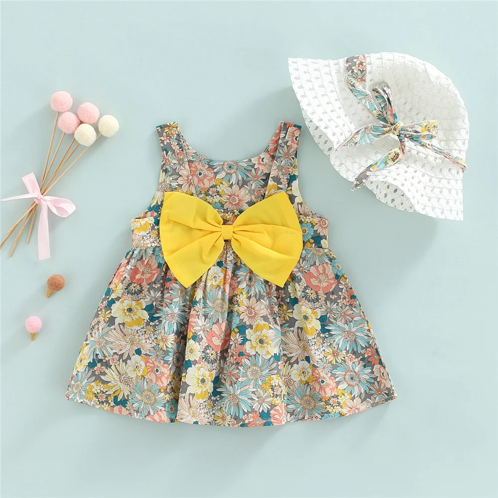 

Baby Girls Dress Hat Kids Floral Print Sleeveless Big Hem Dress Big Bow Knot Children's Clothing