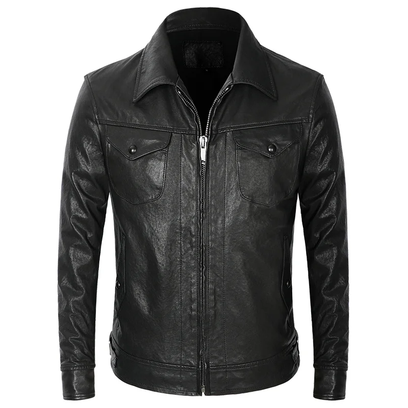 

High Quality Motorcycle Vintage Goatskin Genuine Leather Jacket Men Black Slim Short Real Leather Coat High Quality Business Cas