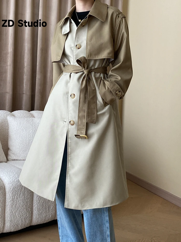 

[ZD Studio] Color Block Patchwork Trench Coat Women Vintage Lapel Single Breasted Belt Windbreaker 2023 Autumn New