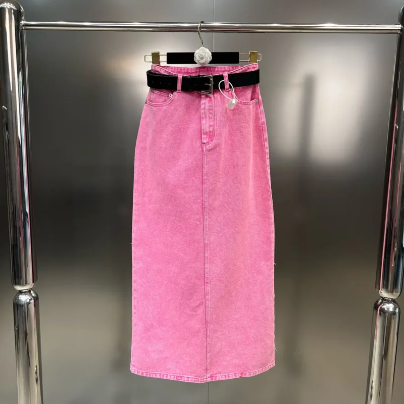 

BORVEMAYS 2023 Summer New Loose Solid Color High Waist Knee-length Belt Simple Casual Denim Skirts Women WZ3312