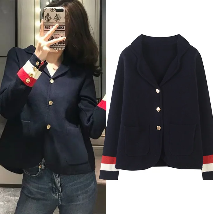 European goods high-end British style fashionable cuffs hit color stripes TB wind sweater small jacket female gold button suit