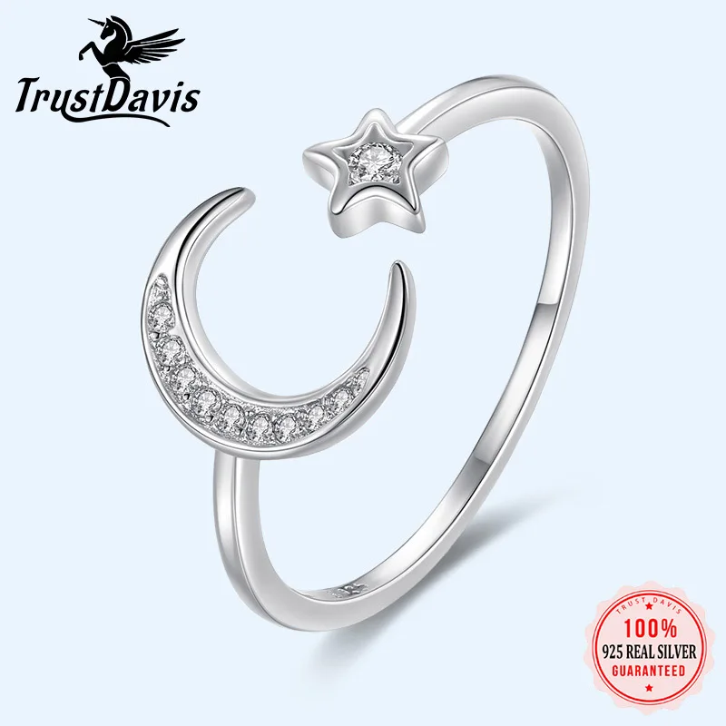 

Trusta 100% 925 Solid Real Sterling Silver Fashion Jewelry Moon Star CZ Cocktail Opening Ring Sizable For Women Girl Gift DA27