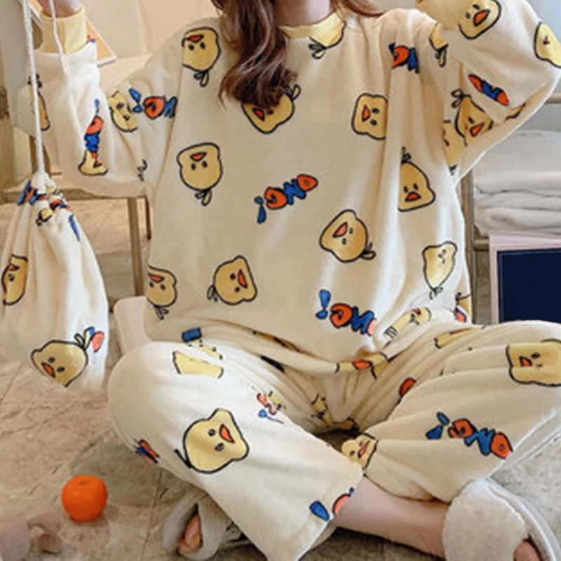 Women Winter Warm House Clothes Thickened Plush Pajama Set Female Casual Long Sleeved Soft And Comfortable Flannel Sleepwear
