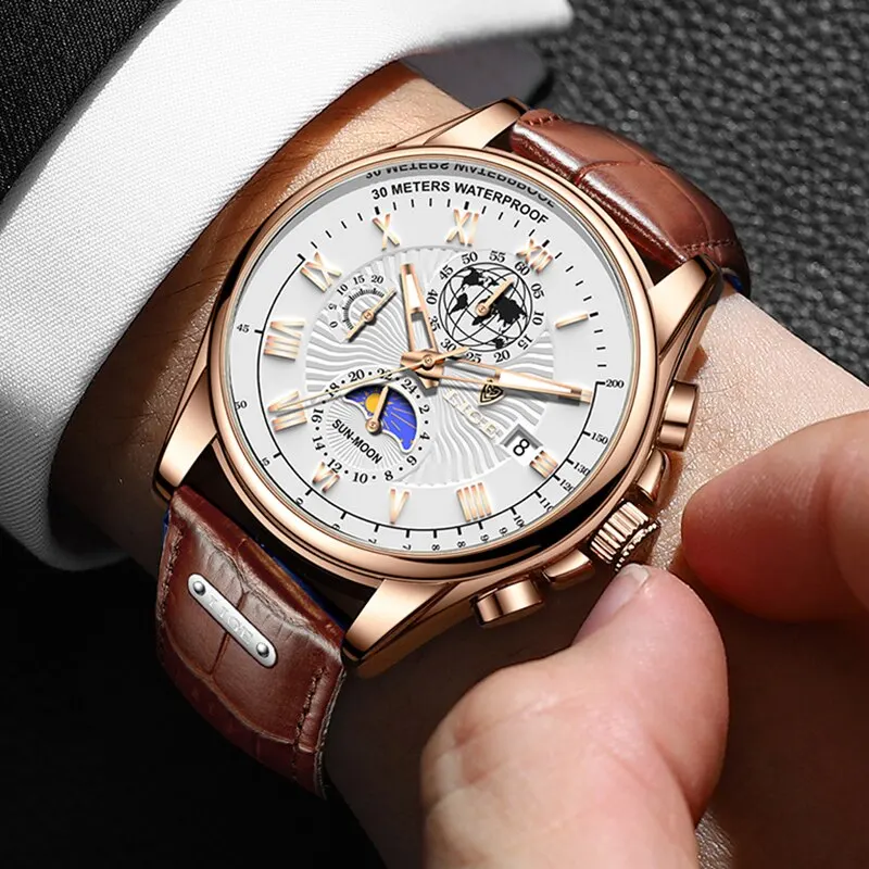 Casual Sport Watches for Men Luxury Military Leather Wrist Watch Man Clock Fashion Chronograph Wristwatch 5