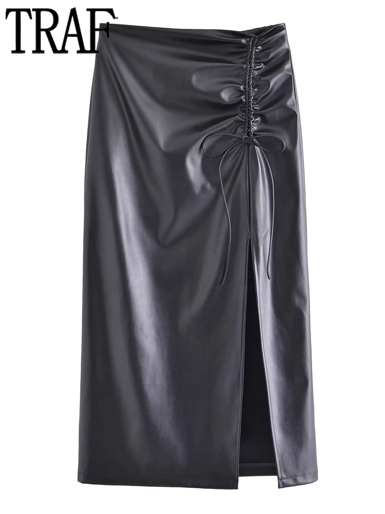 

Юбка-миди Женская плиссированная из искусственной кожи, с завышенной талией и разрезом