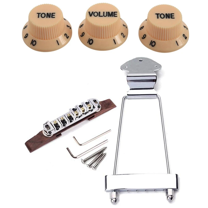 

1 Set Cream Dark Blue Font Knobs For Fender Strat & 1 Set 6 String Jazz Guitar Rosewood Bridge Height Tailpiece Trapeze