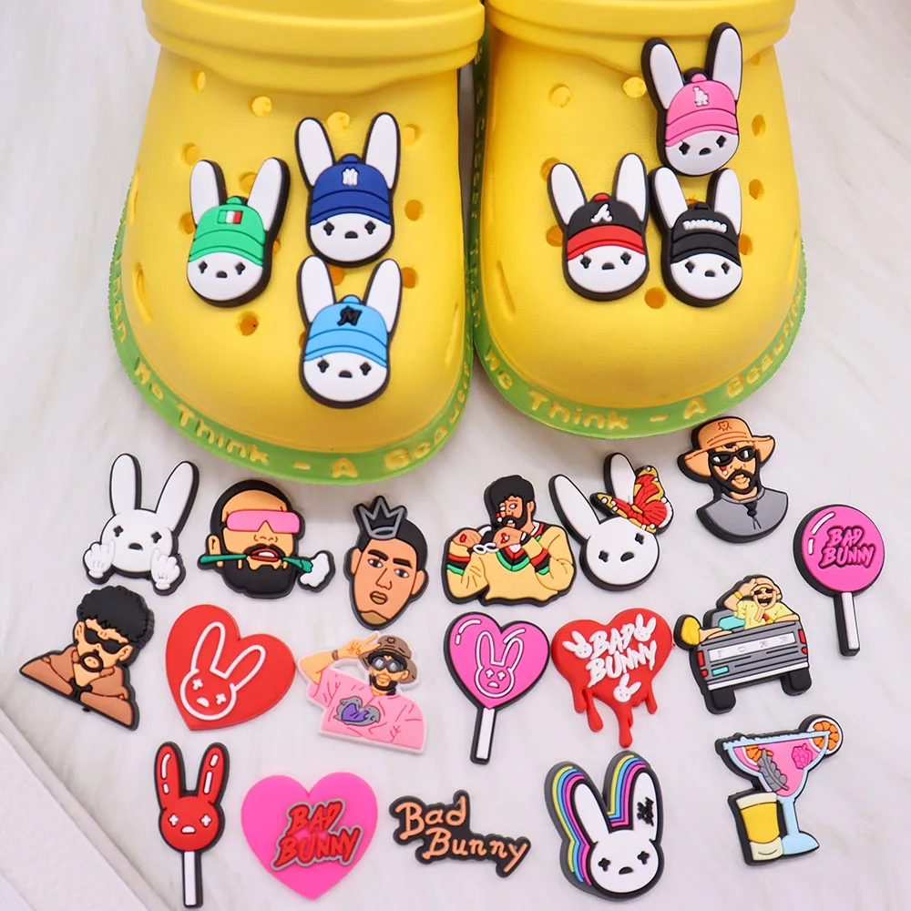 

Good Quality 1pcs PVC Shoe Charms White Rabbit Cool Man Pink Heart Accessories Shoe Ornament Fit Croc Jibz DIY Party Gift