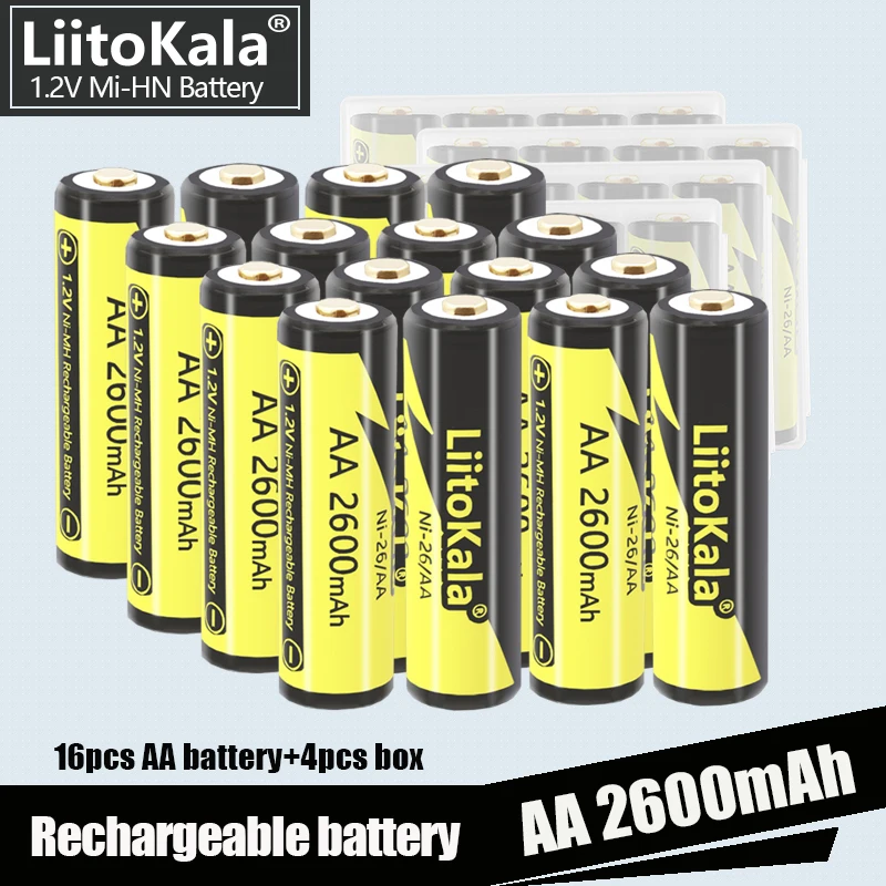 

16PCS LiitoKala AA 2600Mah 1.2V 2A Ni-Mh Aa Rechargeable Batteries AA Bateria Baterias + 4pcs Battery Hold Case Boxes