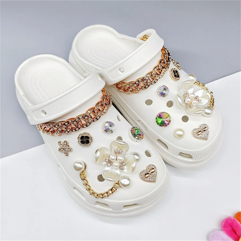 Croc Charms Jibz Metal Diy Pearl Rhinestone Shoe Croc Charms Luxury Designer Accessories  Decorate Buckle Girl Gift