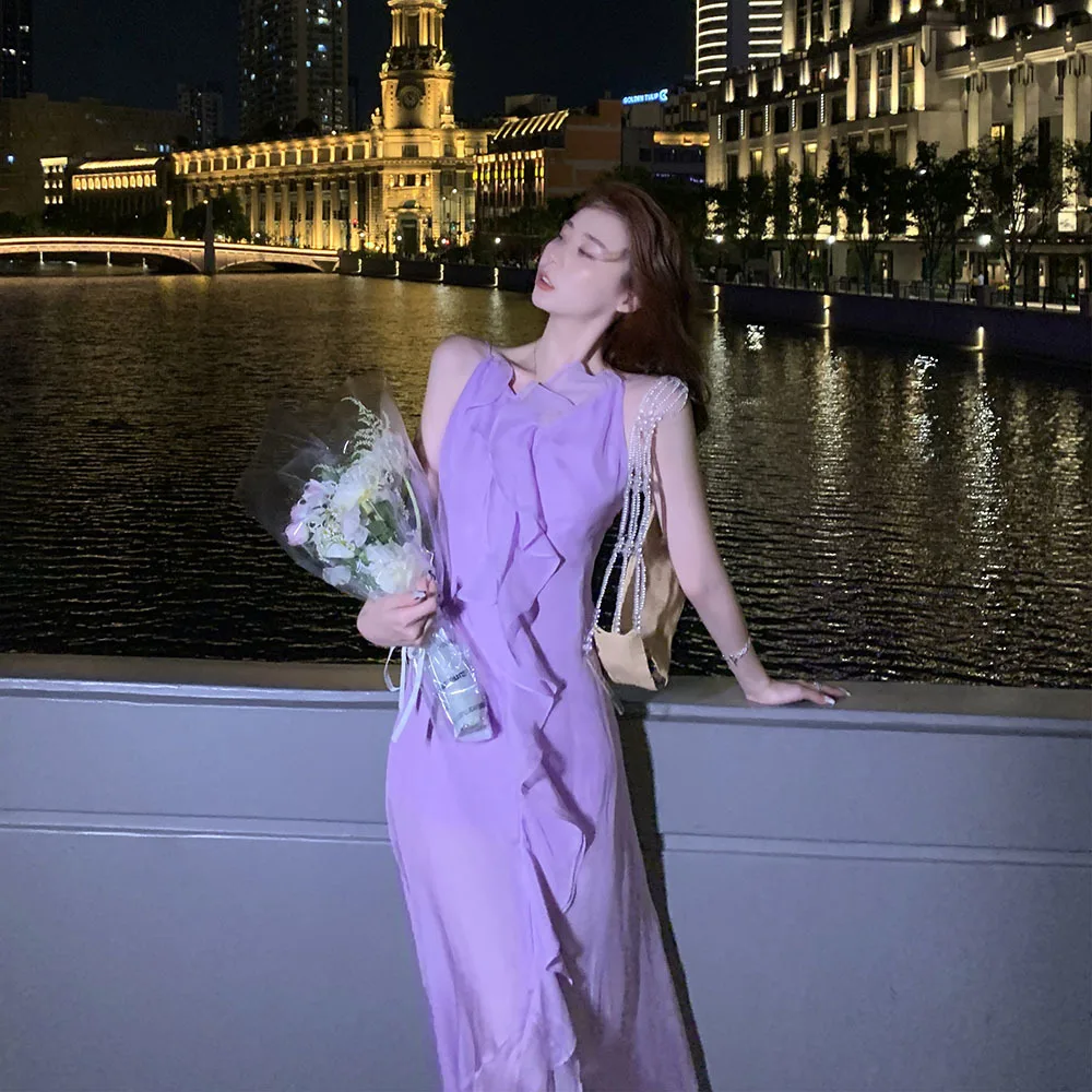

Fairy Sleeveless Chiffon Dress Ladies Sexy V-neck Backless Ruffle Sling Dress Irregular Beach Fishtail Long Dress Elegant Womens