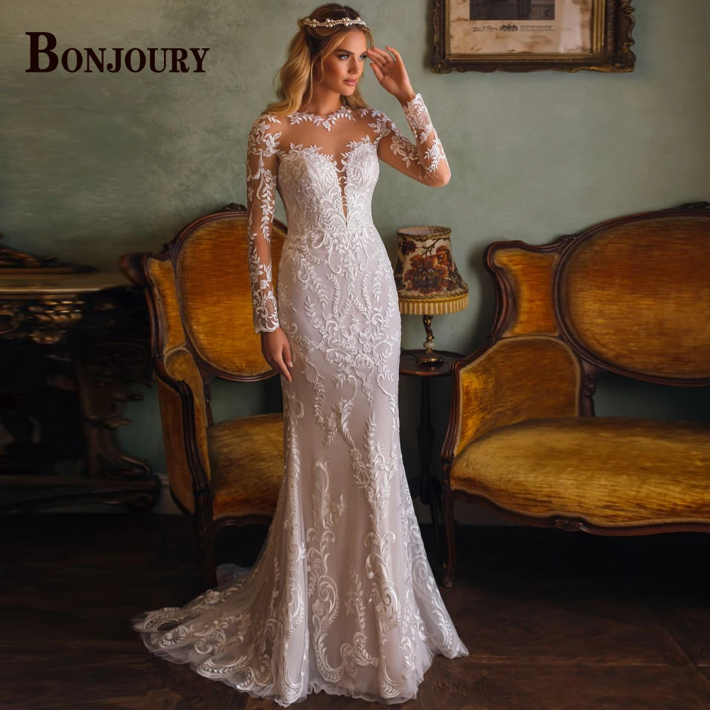 

BONJOURY Glamorous Wedding Dresses For Women Trumpet 2023 Bride Full-Sleeves SCOOP Appliques Custom Made Vestido De Novia