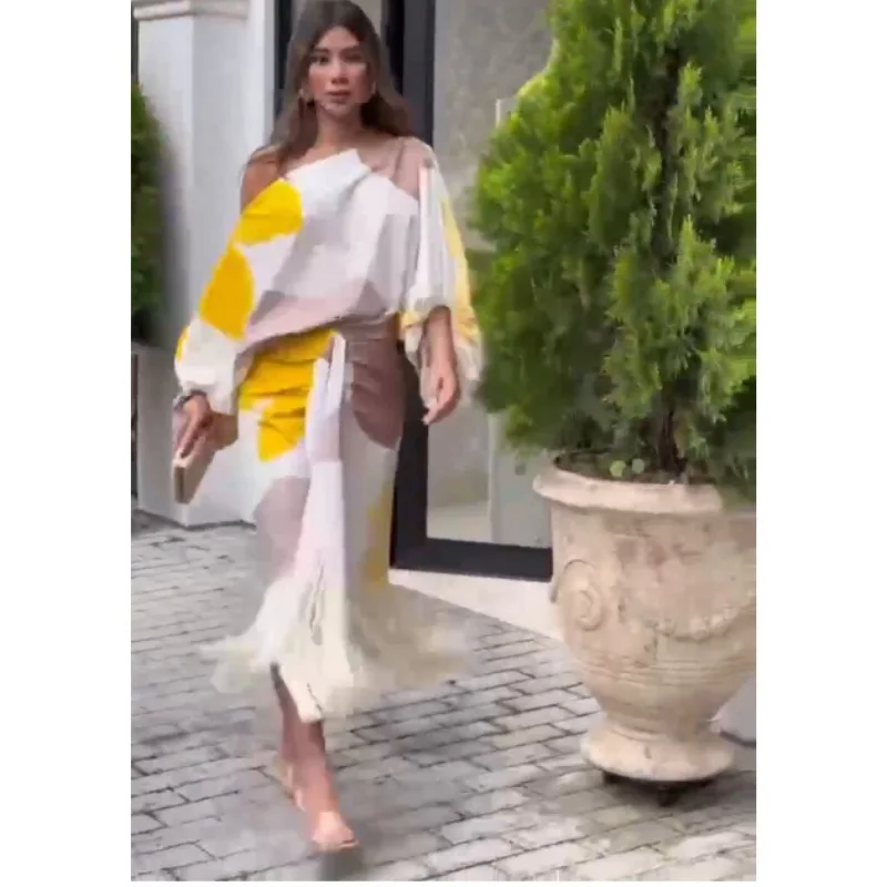 Женский комплект из 2 предметов с юбкой и принтом Футболка рукавами-фонариками