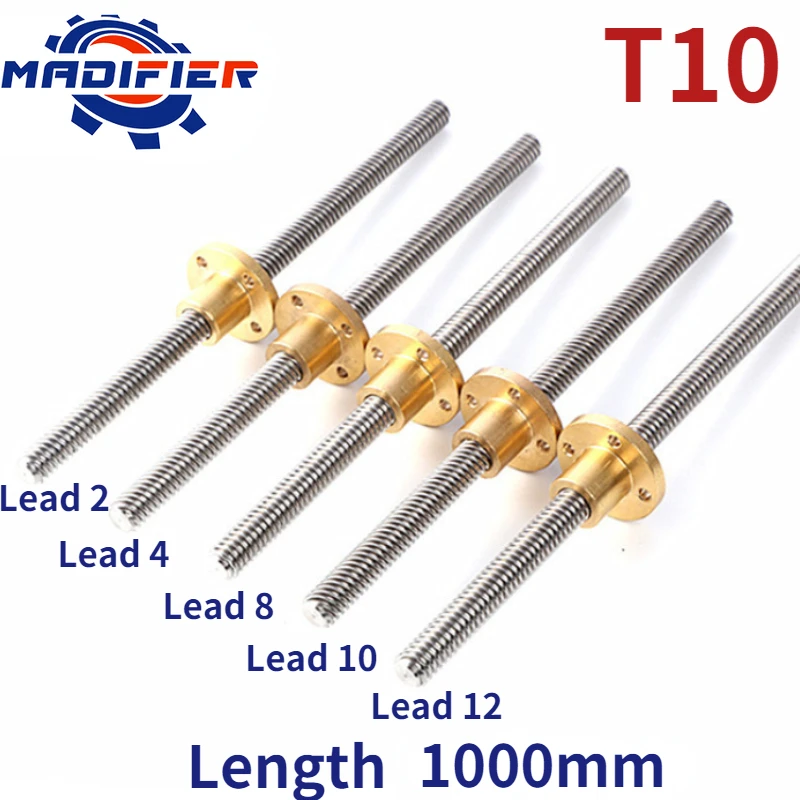 

304 stainless steel T10 screw length 1000mm lead 2mm 3mm 4mm 8mm 10mm 12mm 20mm trapezoidal spindle screw 1pcs With copper nut