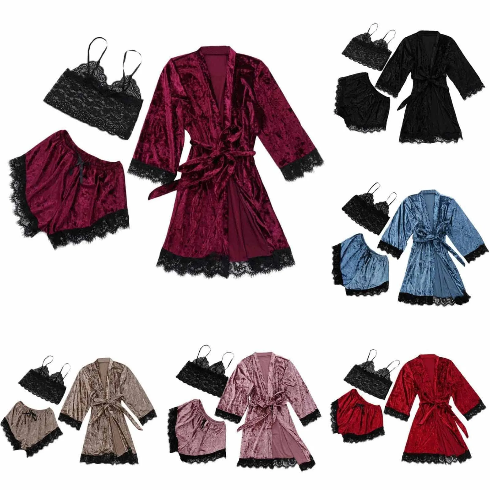 

2022 пикантная кружевная пижама из трех предметов для женщин, летний халат, одежда для сна, пижамный комплект, топ, комплект нижнего белья, мяг...