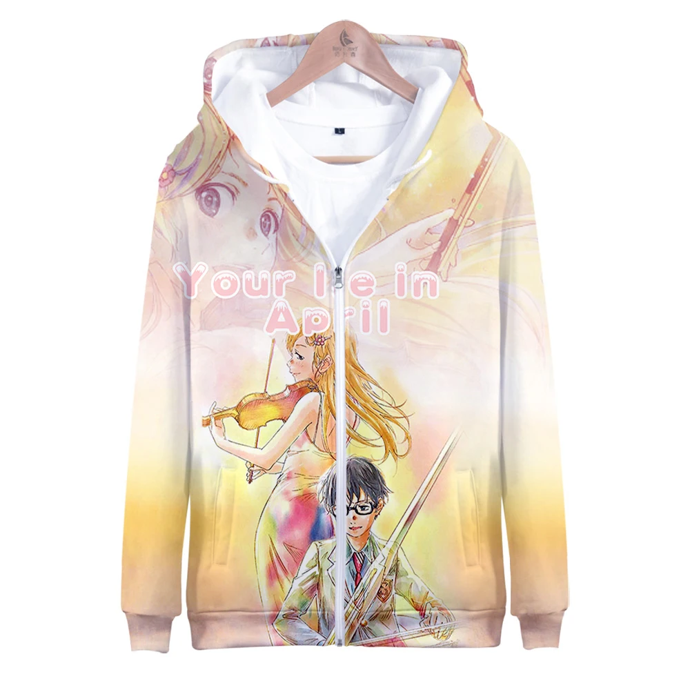 

Аниме толстовки на молнии Your lie в апреле, модная толстовка унисекс на молнии с капюшоном, уличная одежда с 3D принтом