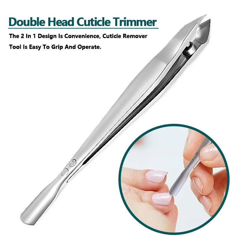

Stainless Steel Double Head Cuticle Trimmer With Pusher Professional Remover Scissors Tweezers Manicure Tools 1Pcs