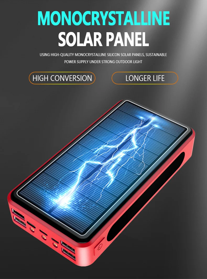 50000mAh Wireless Solar Power Bank External Battery Portable PowerBank 4USB Convenient Travel For iPhone Samsung Huawei Xiaomi