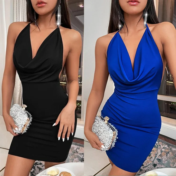 

Women's new 2022 spring and summer ins style fashion split butterfly dew back hanging neck short dress women