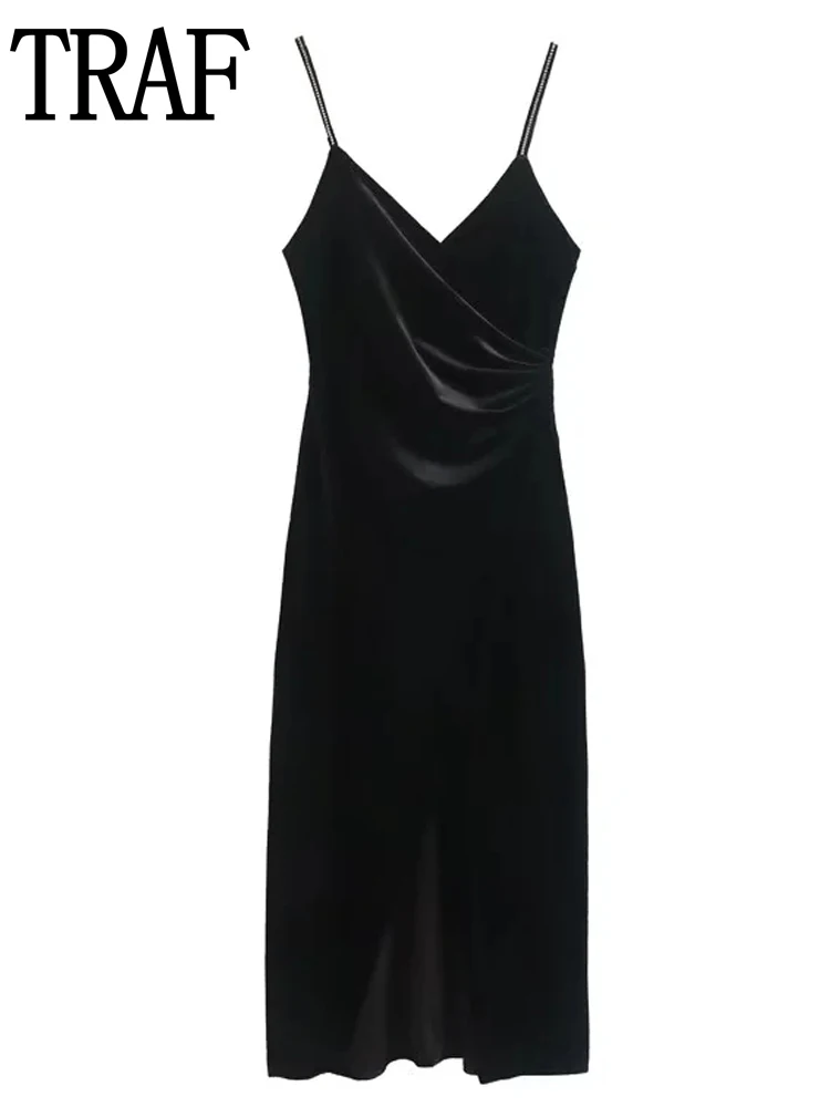 

TRAF Black Velvet Dress Women Off Shoulder Slip Dress Woman 2022 Pleated Slit Elegant Party Dresses Sexy Backless Midi Dress