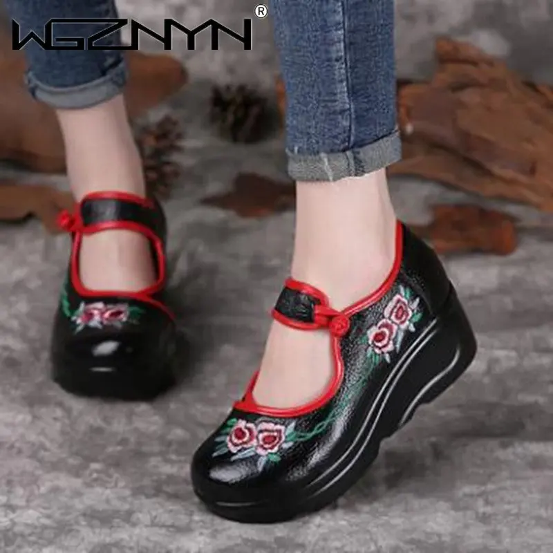 

Акция 2023, новые весенние туфли из натуральной кожи в этническом стиле с принтом, туфли на платформе и танкетке, женские туфли на высоком кабл...