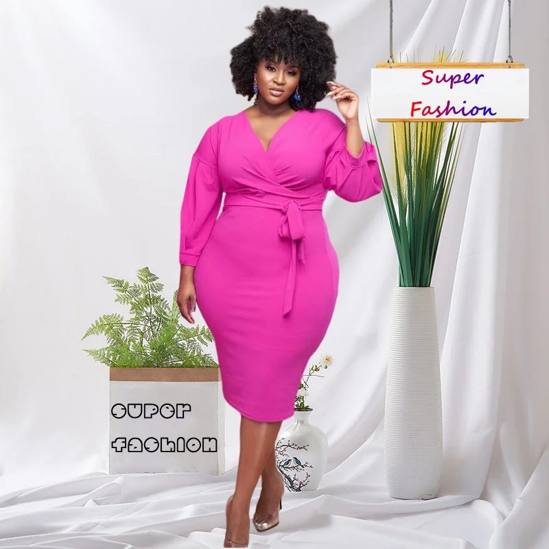 

WSFEC XL-5XL 2023 осенняя одежда для женщин, однотонные модные элегантные платья с длинным рукавом и V-образным вырезом, большие размеры, оптовая продажа, Прямая поставка