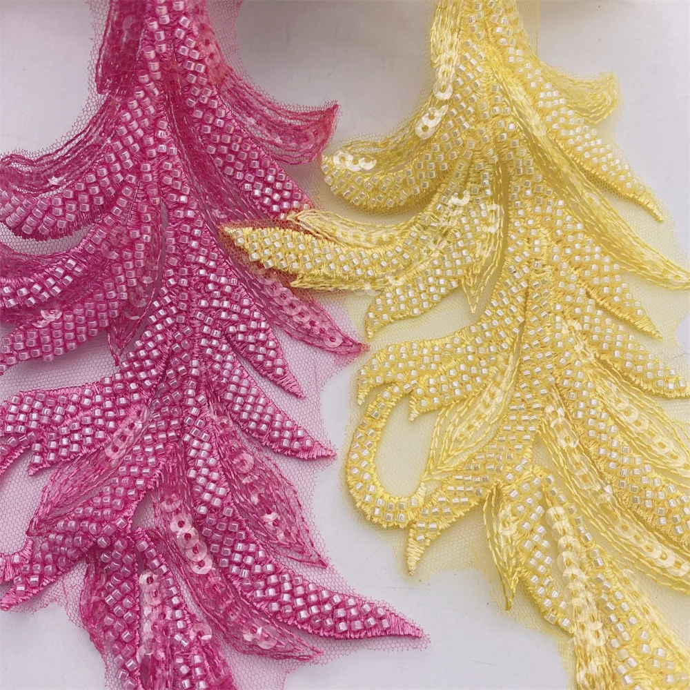 

6pcs Beaded Flower Lace Applique Sewing Bridal Wedding Trims Motif Embroidery 11cm*19cm