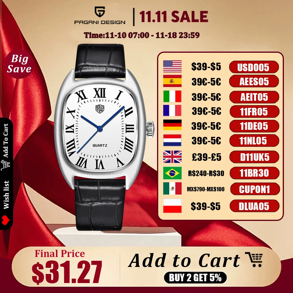 Мужские кварцевые часы RollsTime 2024 лучший бренд класса люкс VH31 для мужчин