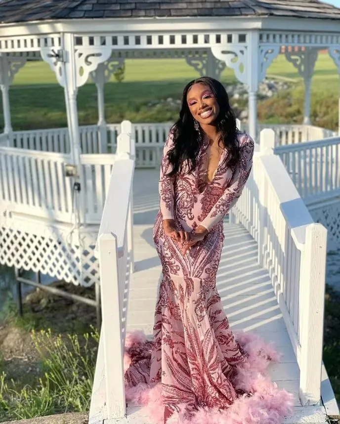 2025 Sparkly Pink Mermaid Prom Dresses For Black Girl Long Sleeve Applique Feather Birthday Party Gowns Customized