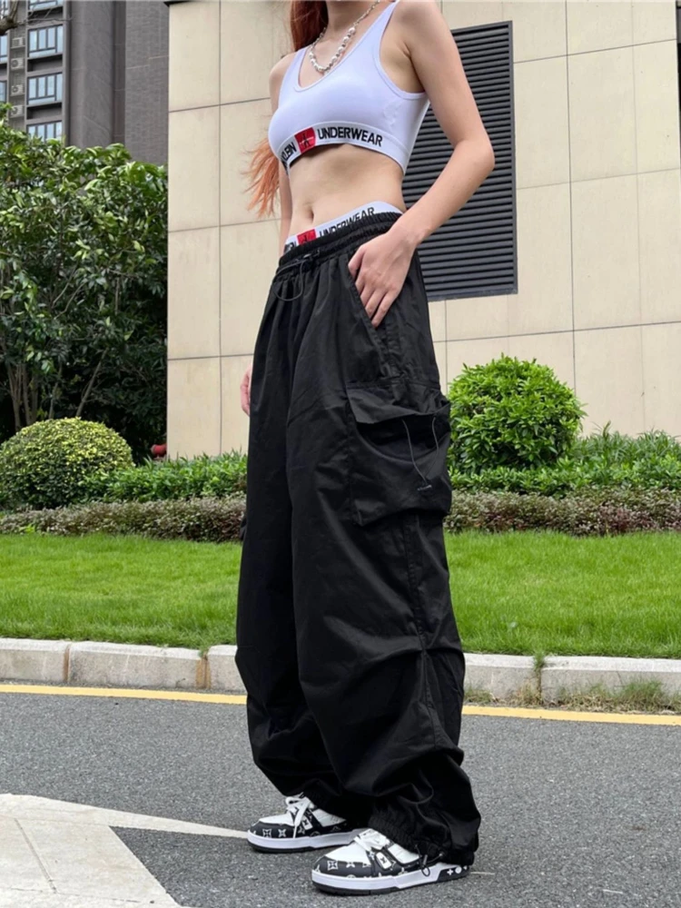 HOUZHOU Y2K Parachute Pants Women Hippie Streetwear Oversize Pockets Cargo Trousers Harajuku Techwear Wide Pantalone Egirl Style