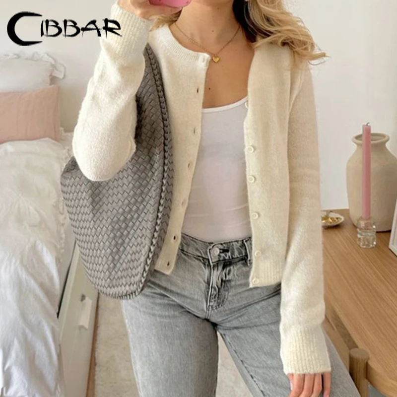 CIBBAR Однотонный Кардиган На Пуговицах Y2K Винтажный Женский Свитер С Длинными
