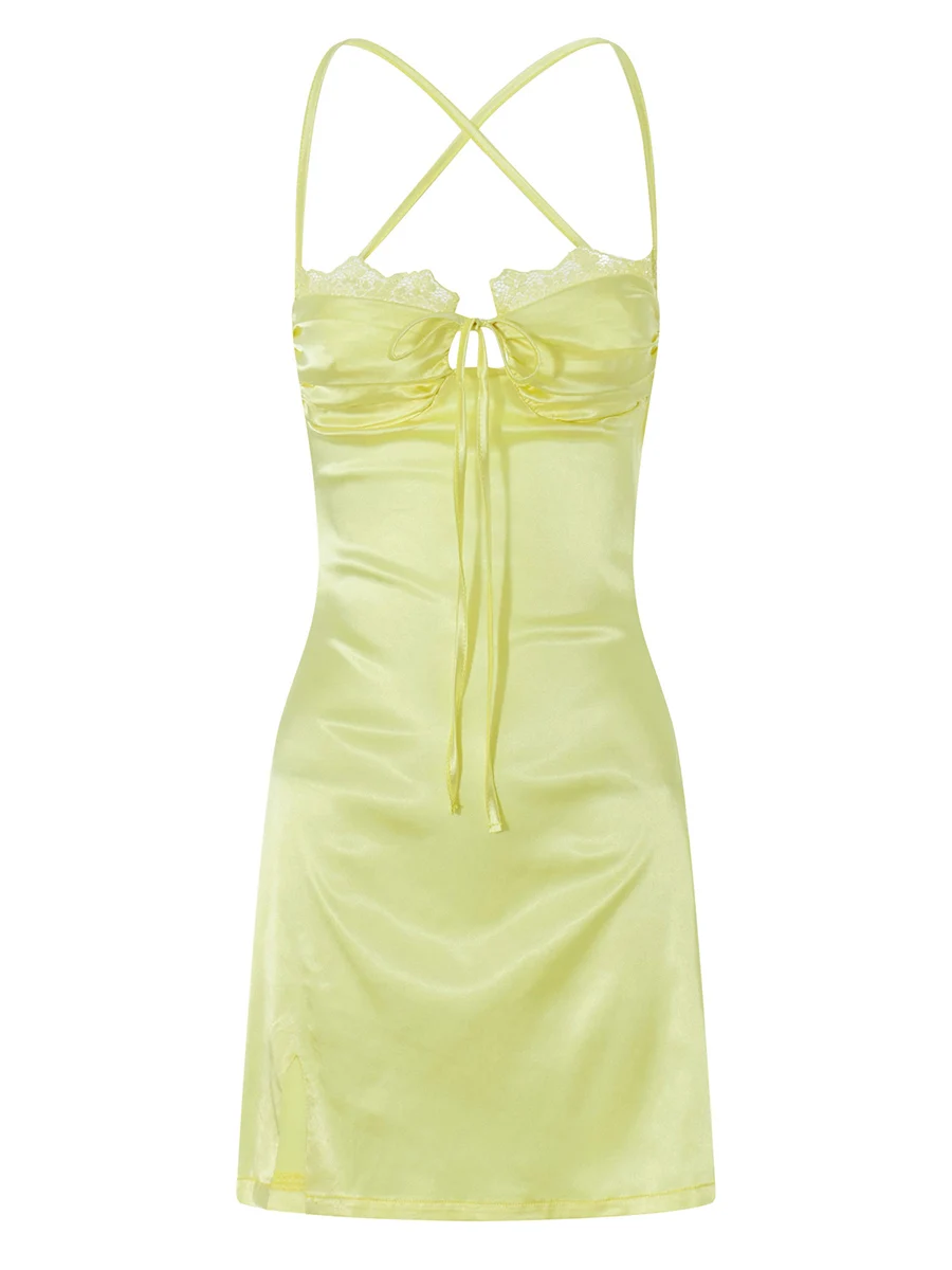 

Women Elegant Satin Midi Dress Y2k V-Neck Solid Ruffle Hem Sleeveless Slip Dress Backless Cocktail Party Gown