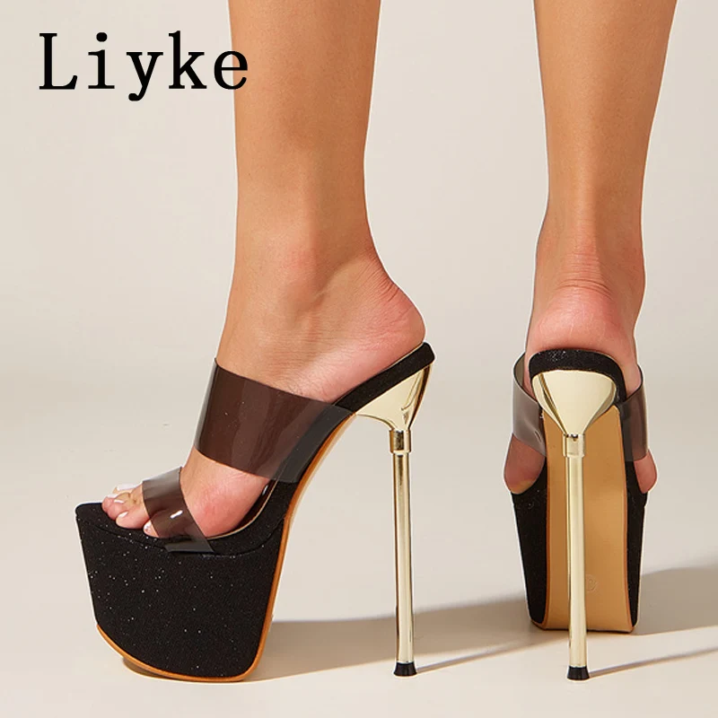 

Liyke Sexy PVC Peep Toe 17CM Thin High Heels Platform Slippers Women Mules Transparent Sandals Nightclub Pole Dance Shoes Black
