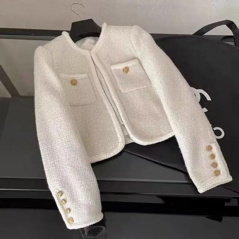 

Женский твидовый пиджак, элегантный белый укороченный пиджак в Корейском стиле, верхняя одежда для весны и осени